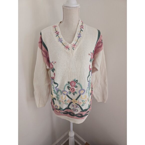 Russ Studio Floral Knit Cotton Cottagecore V-Neck Vintage 80s 90s Sweater M - Picture 1 of 11